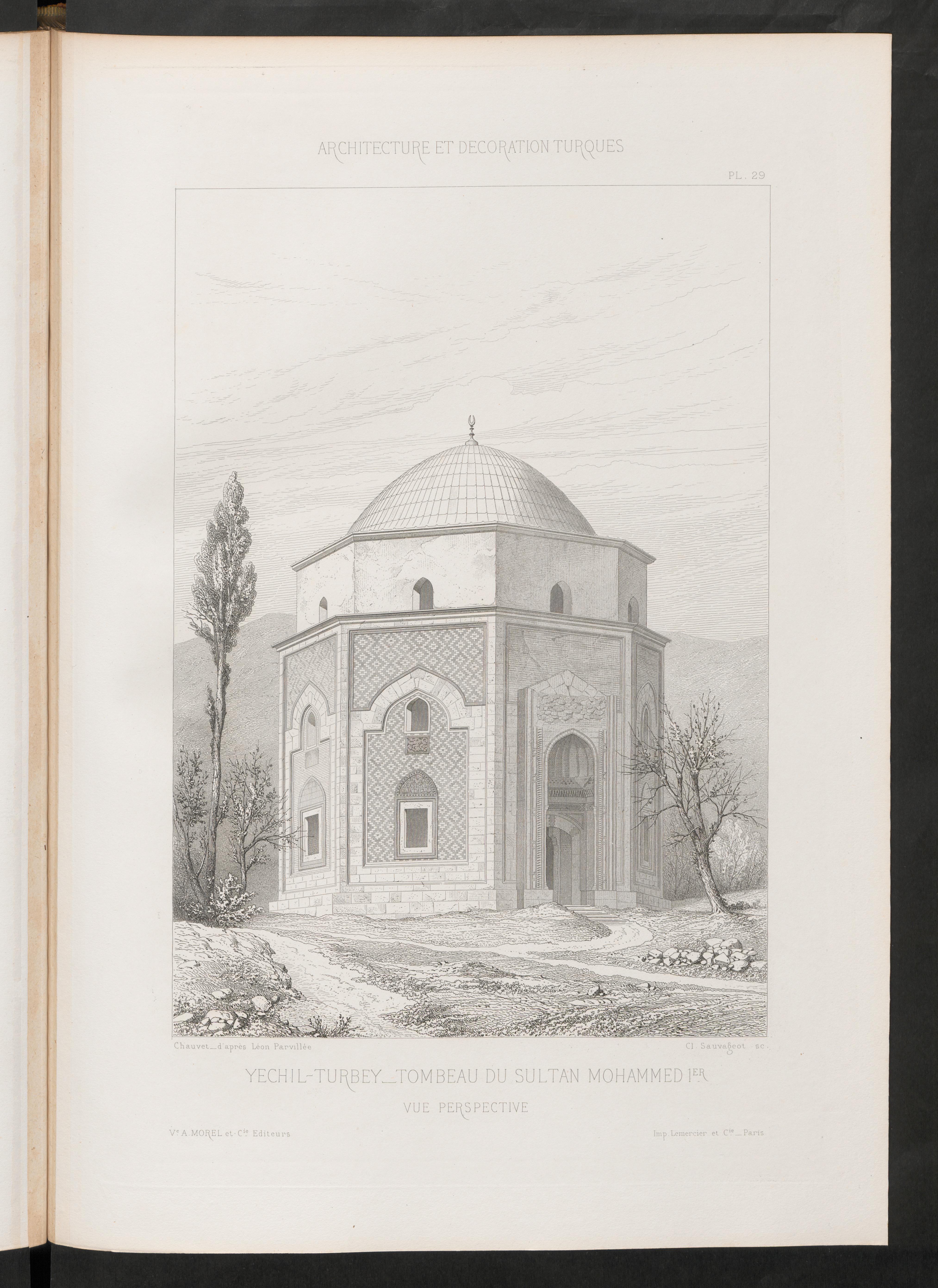 Yeşil Türbe'nin perspektif görünüşü, Léon Parvillée'nin 1874 tarihli levhası